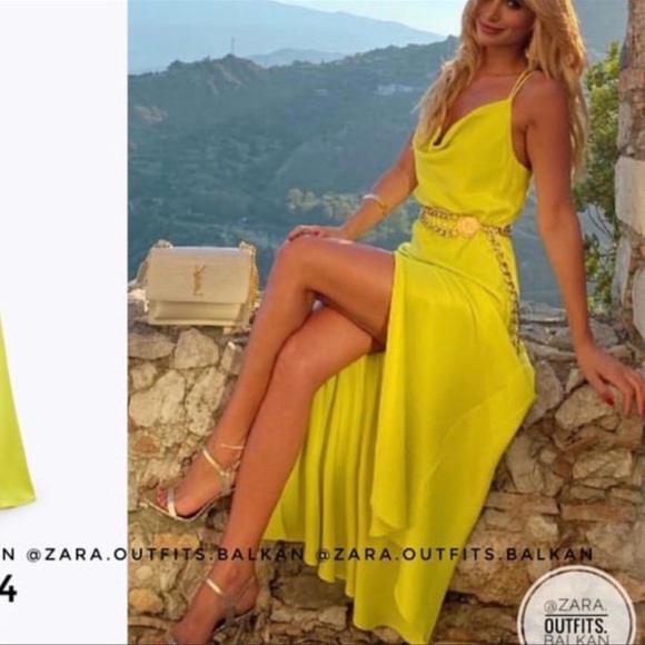 Zara green/ yellowish satin draped split dress - Picture 4 of 12